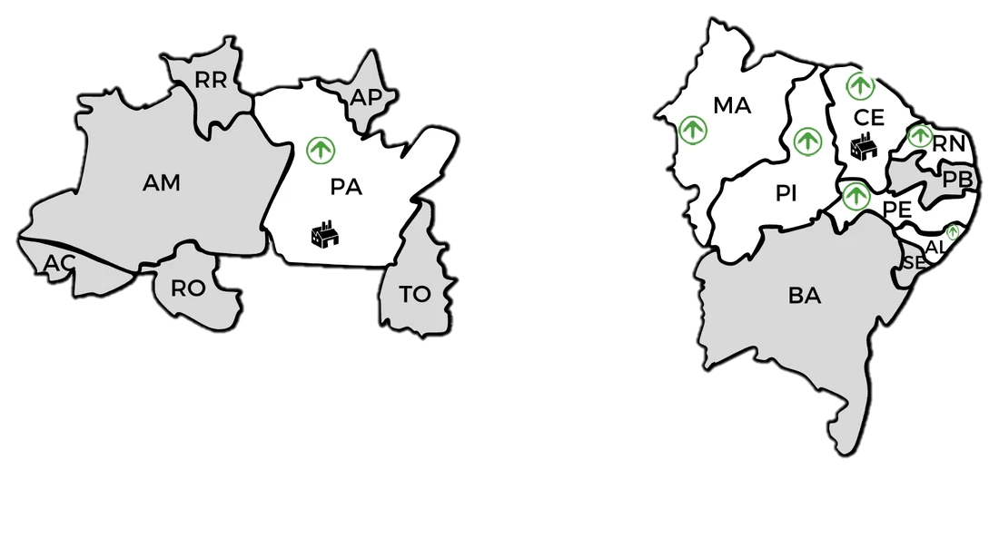Mapa de atuação da AgroTop no Norte e Nordeste do Brasil